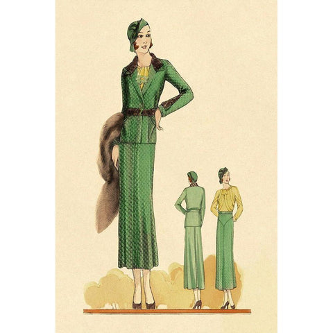 Sophisticated Green Suit with Stole White Modern Wood Framed Art Print by Vintage Fashion