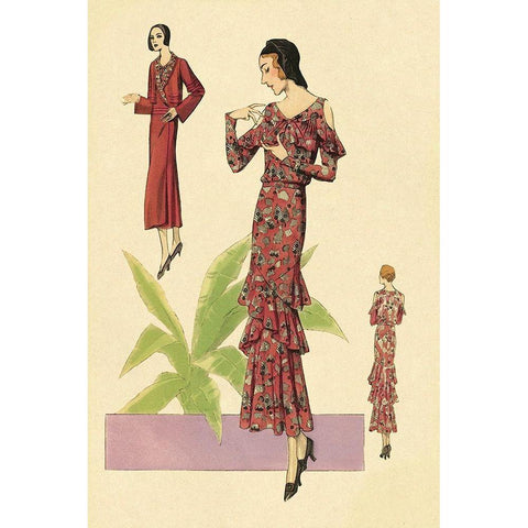 Party Dress with Ruffles and Flowers Black Modern Wood Framed Art Print with Double Matting by Vintage Fashion