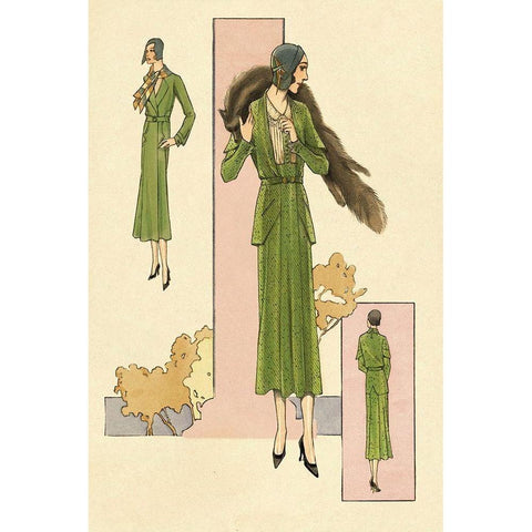 Emerald Suit with Stole Gold Ornate Wood Framed Art Print with Double Matting by Vintage Fashion