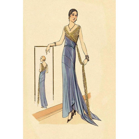 Evening Gown in Blue and Gold Black Modern Wood Framed Art Print with Double Matting by Vintage Fashion