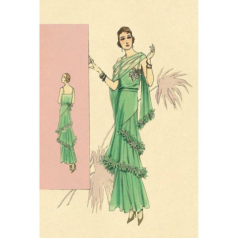 Playful Green Evening Gown Black Modern Wood Framed Art Print with Double Matting by Vintage Fashion