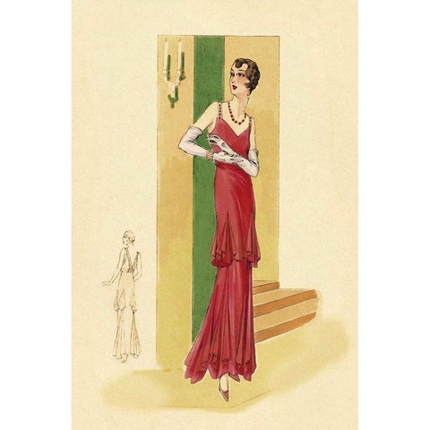 Scarlet Evening Gown White Modern Wood Framed Art Print by Vintage Fashion