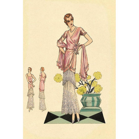 Party Dress in Pink and Blue Gold Ornate Wood Framed Art Print with Double Matting by Vintage Fashion