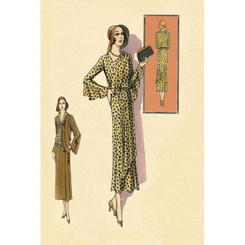 Ruffled Autumn Dress and Overcoat Gold Ornate Wood Framed Art Print with Double Matting by Vintage Fashion