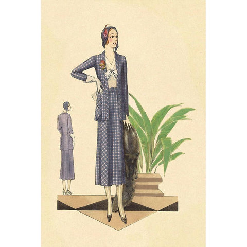 Blue Checkered Suit with Stole and Gloves Black Modern Wood Framed Art Print with Double Matting by Vintage Fashion