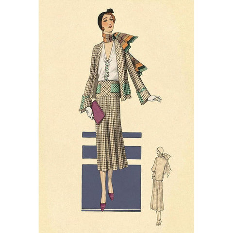 Stylish Daytime Suit and Scarf White Modern Wood Framed Art Print by Vintage Fashion