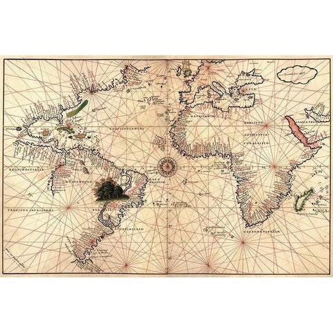 Portolan World Map Black Modern Wood Framed Art Print with Double Matting by Oliva, Joan