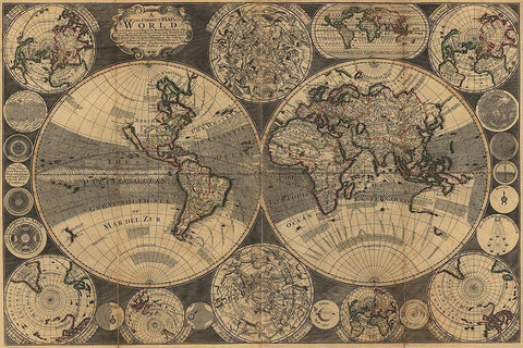 World Map with Planets White Modern Wood Framed Art Print with Double Matting by Godson, W.
