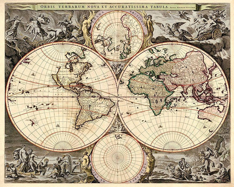 World Map White Modern Wood Framed Art Print with Double Matting by Visscher, Nicolao