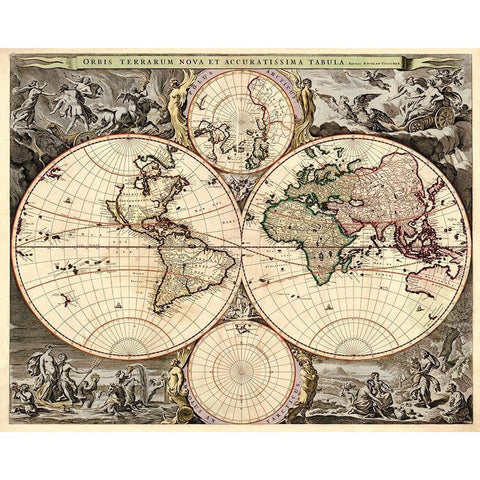World Map White Modern Wood Framed Art Print by Visscher, Nicolao