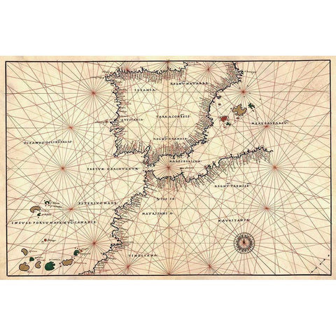 Portolan or Navigational Map of the Spain, Gibraltar and North Africa Black Modern Wood Framed Art Print with Double Matting by Agnese, Battista