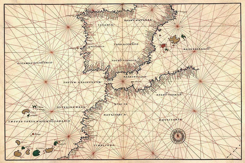 Portolan or Navigational Map of the Spain, Gibraltar and North Africa Black Ornate Wood Framed Art Print with Double Matting by Agnese, Battista