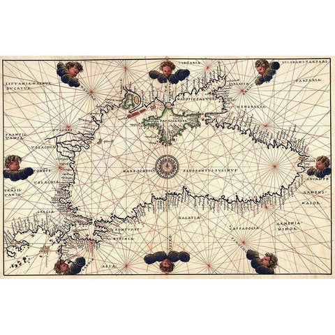 Portolan or Navigational Map of the Black Sea showing anthropomorphic winds Black Modern Wood Framed Art Print with Double Matting by Agnese, Battista