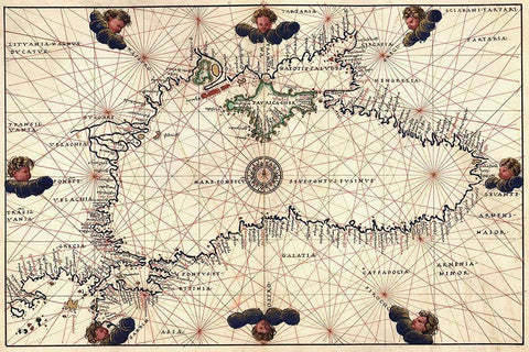 Portolan or Navigational Map of the Black Sea showing anthropomorphic winds White Modern Wood Framed Art Print with Double Matting by Agnese, Battista