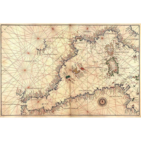 Portolan or Navigational Map of the Western Mediterranean from Gibraltar to Piedmont and Sardinia Black Modern Wood Framed Art Print with Double Matting by Agnese, Battista
