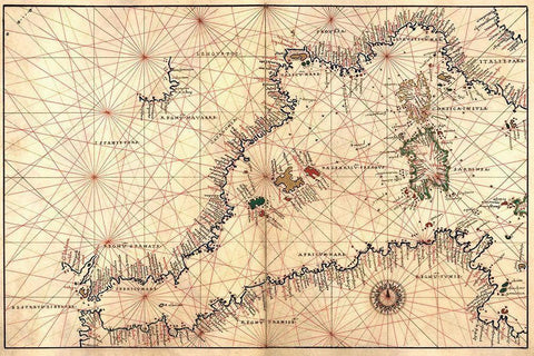 Portolan or Navigational Map of the Western Mediterranean from Gibraltar to Piedmont and Sardinia Black Ornate Wood Framed Art Print with Double Matting by Agnese, Battista