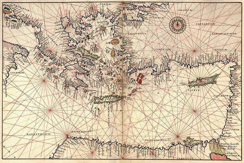 Portolan or Navigational Map of Greece, the Mediterranean and the Levant White Modern Wood Framed Art Print with Double Matting by Agnese, Battista