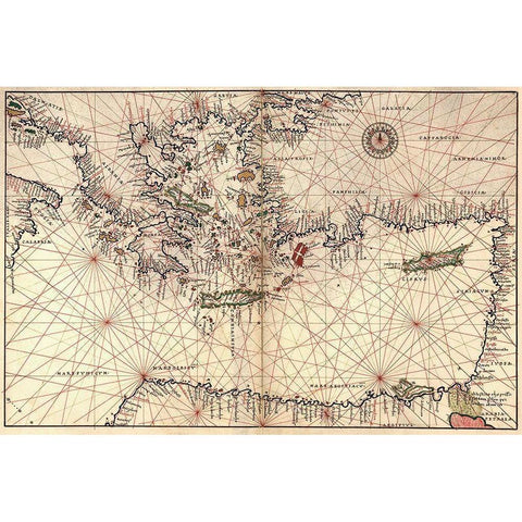 Portolan or Navigational Map of Greece, the Mediterranean and the Levant Black Modern Wood Framed Art Print with Double Matting by Agnese, Battista