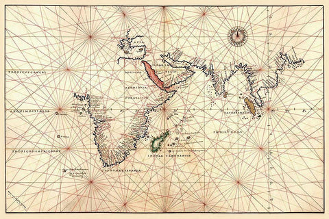 Portolan Map of Africa, the Indian Ocean and the Indian Subcontinent White Modern Wood Framed Art Print with Double Matting by Agnese, Battista