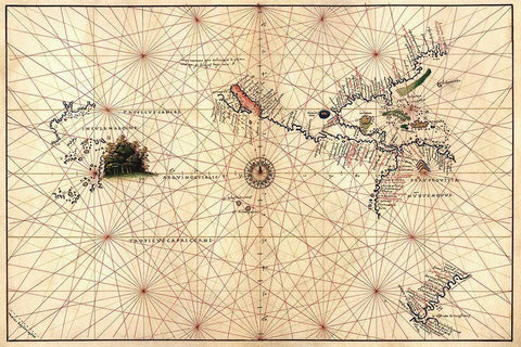 Portolan Map of the Western Hemisphere showing what will become the United States, Panama and a port White Modern Wood Framed Art Print with Double Matting by Agnese, Battista