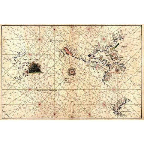 Portolan Map of the Western Hemisphere showing what will become the United States, Panama and a port Black Modern Wood Framed Art Print with Double Matting by Agnese, Battista