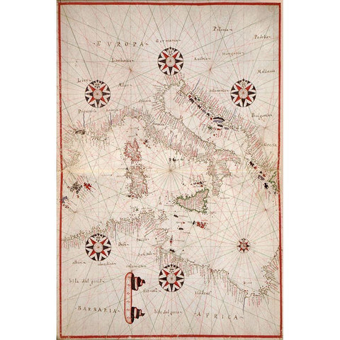 Portolan atlas of the Mediterranean Sea, western Europe, and the northwest coast of Africa - Central Black Modern Wood Framed Art Print by Oliva, Joan