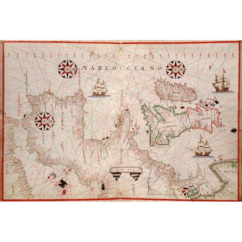 Portolan Map of Spain, England, Ireland and France White Modern Wood Framed Art Print by Oliva, Joan