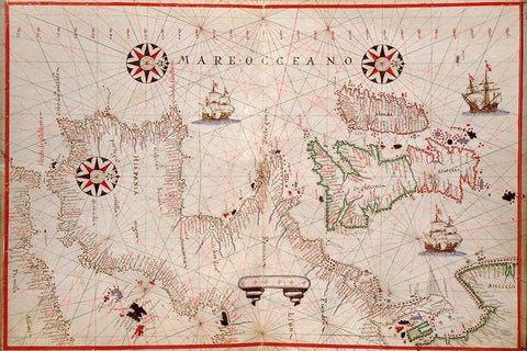 Portolan Map of Spain, England, Ireland and France White Modern Wood Framed Art Print with Double Matting by Oliva, Joan