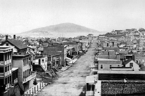 Stockton St., San Francisco, CA Black Ornate Wood Framed Art Print with Double Matting by Vintage San Francisco