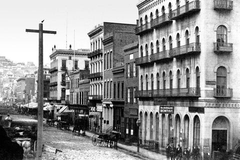 East Side of Montgomery St, San Francisco, CA Black Ornate Wood Framed Art Print with Double Matting by Vintage San Francisco