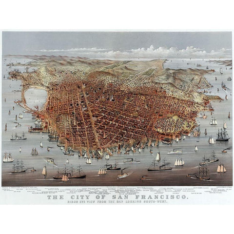 The City of San Francisco; Birds Eye View from the Bay Looking South-West Gold Ornate Wood Framed Art Print with Double Matting by Currier and Ives