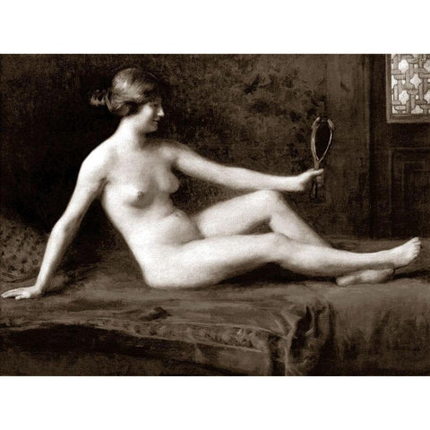 Admiring Herself Gold Ornate Wood Framed Art Print with Double Matting by Vintage Nudes