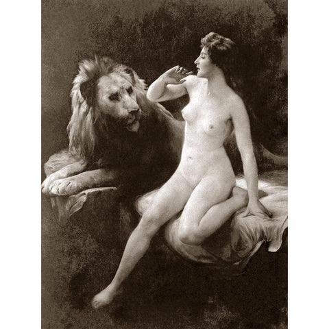 Nude with a Lion Gold Ornate Wood Framed Art Print with Double Matting by Vintage Nudes