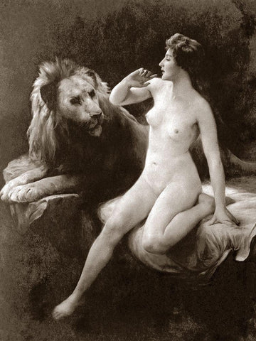 Nude with a Lion Black Ornate Wood Framed Art Print with Double Matting by Vintage Nudes