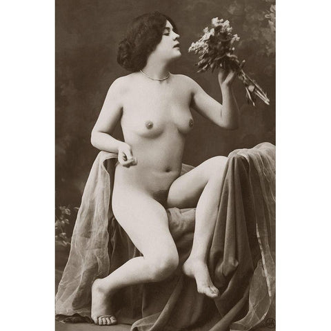Nude with a Bouquet Black Modern Wood Framed Art Print by Vintage Nudes