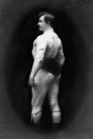 Bodybuilders Back and Partial Left Profile White Modern Wood Framed Art Print with Double Matting by Vintage Muscle Men