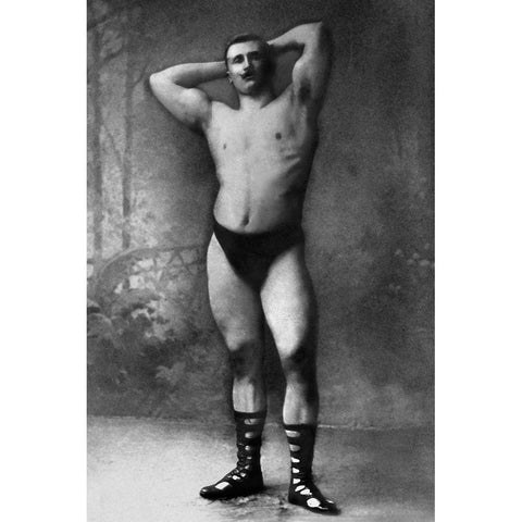 Hands Behind Head Flex Black Modern Wood Framed Art Print with Double Matting by Vintage Muscle Men