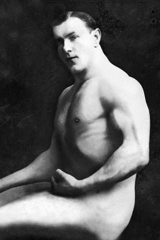 Arm Curl from Seated Pose Black Ornate Wood Framed Art Print with Double Matting by Vintage Muscle Men