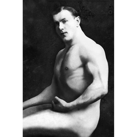 Arm Curl from Seated Pose Gold Ornate Wood Framed Art Print with Double Matting by Vintage Muscle Men