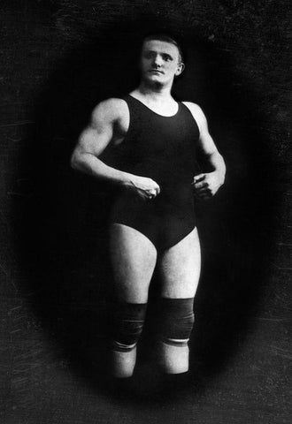 Bodybuilder in Wrestling Outfit and Knee Pads White Modern Wood Framed Art Print with Double Matting by Vintage Muscle Men