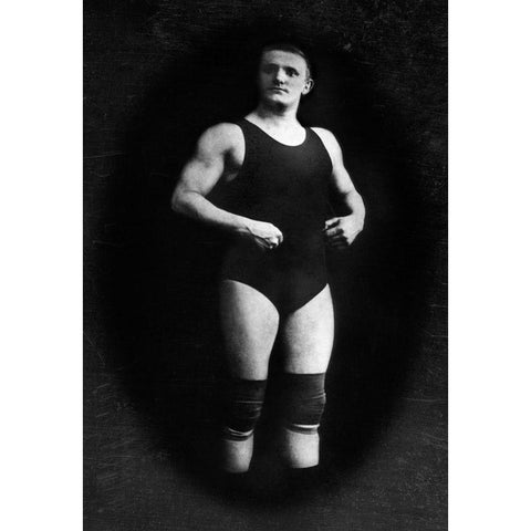 Bodybuilder in Wrestling Outfit and Knee Pads White Modern Wood Framed Art Print by Vintage Muscle Men