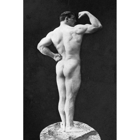 Statuesque Back and Arm Curl White Modern Wood Framed Art Print by Vintage Muscle Men