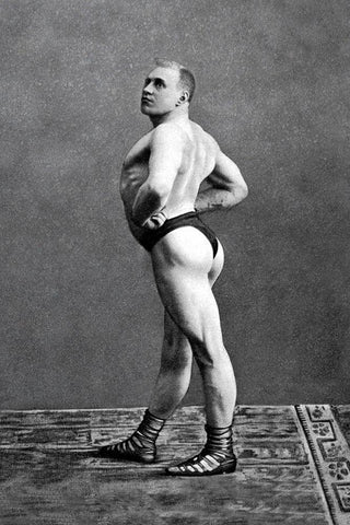 Bodybuilders Back and Left Profile Black Ornate Wood Framed Art Print with Double Matting by Vintage Muscle Men