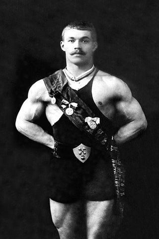 Bodybuilder in Sash Black Ornate Wood Framed Art Print with Double Matting by Vintage Muscle Men