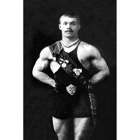 Bodybuilder in Sash Black Modern Wood Framed Art Print by Vintage Muscle Men