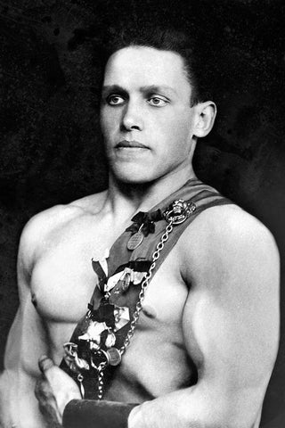Russian Wrestler with Medals Black Ornate Wood Framed Art Print with Double Matting by Vintage Wrestler