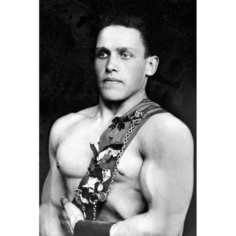 Russian Wrestler with Medals Black Modern Wood Framed Art Print by Vintage Wrestler
