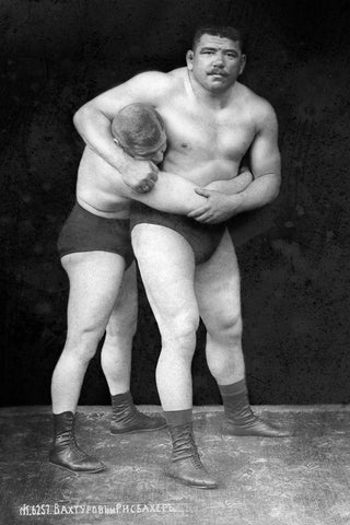 Wrestling Headlock Black Ornate Wood Framed Art Print with Double Matting by Vintage Wrestler