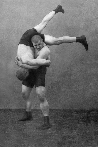 Ready to Drop: Russian Wrestlers White Modern Wood Framed Art Print with Double Matting by Vintage Wrestler
