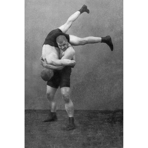 Ready to Drop: Russian Wrestlers Black Modern Wood Framed Art Print by Vintage Wrestler